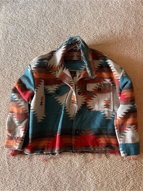 Multicolor Aztec Print Wool Jacket - Teal, Rust, Red, Cream